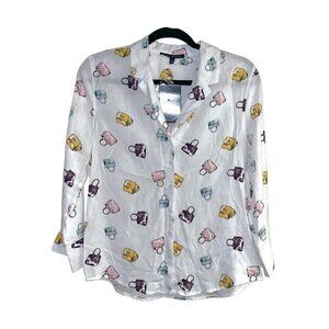 Como Black White Long Sleeve Button Up Multi Color Purse Print Blouse Size Small